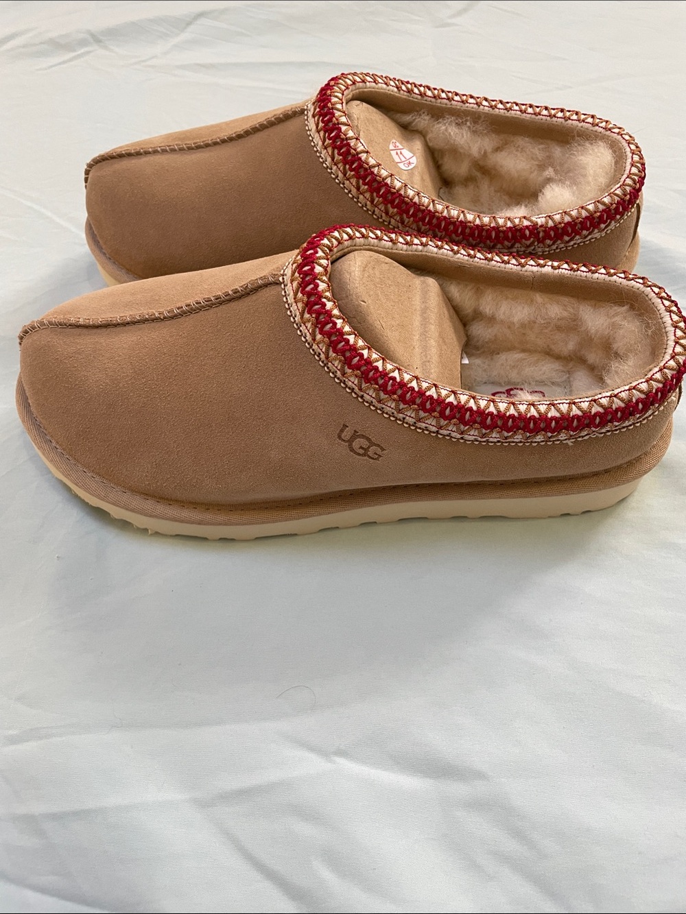 UGG Chestnut Suede Sheepskin Clog with Red Trim - Picture 2 of 8
